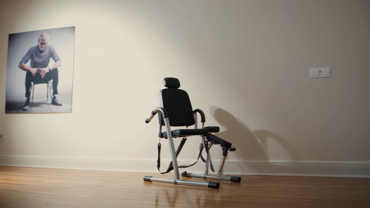 Man sitting in a chair, home interior scene with medical equipment