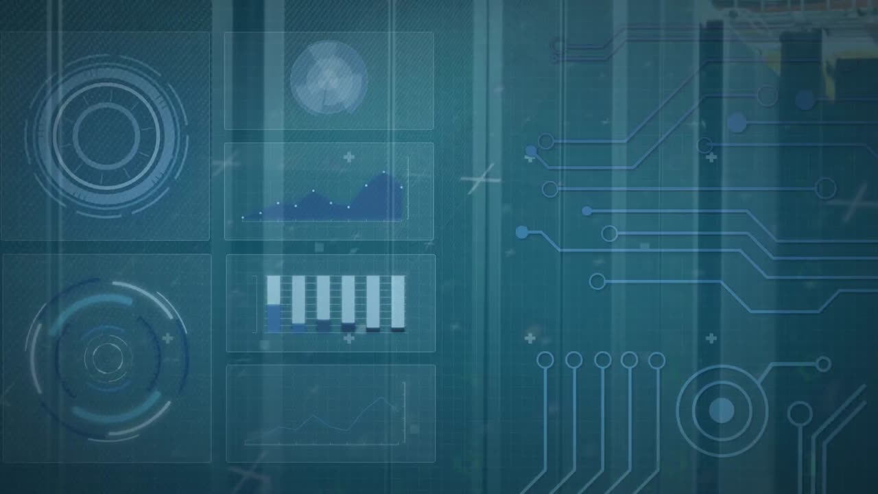 Animation of interface with data processing and binary coding against computer server room