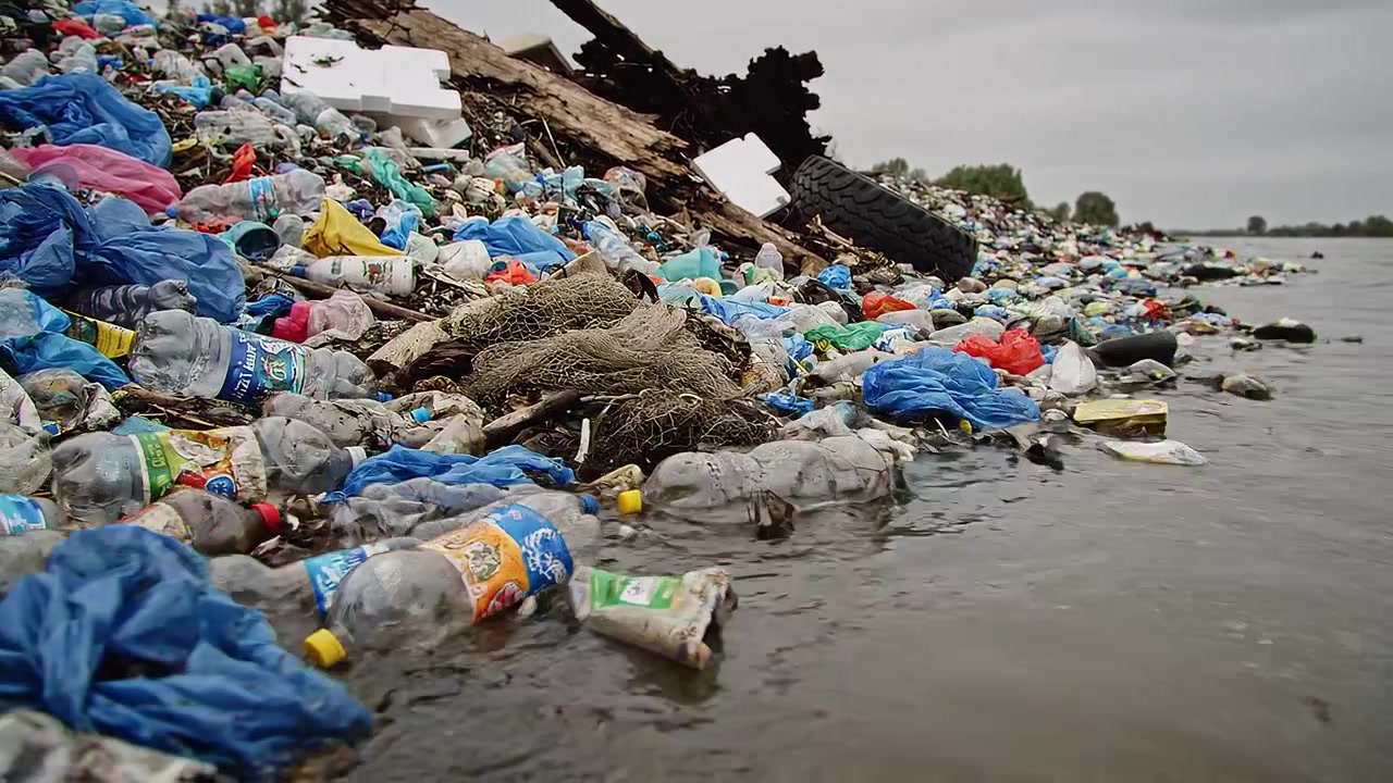 Inquinamento da rifiuti di plastica e immondizia lungo la sponda di un fiume