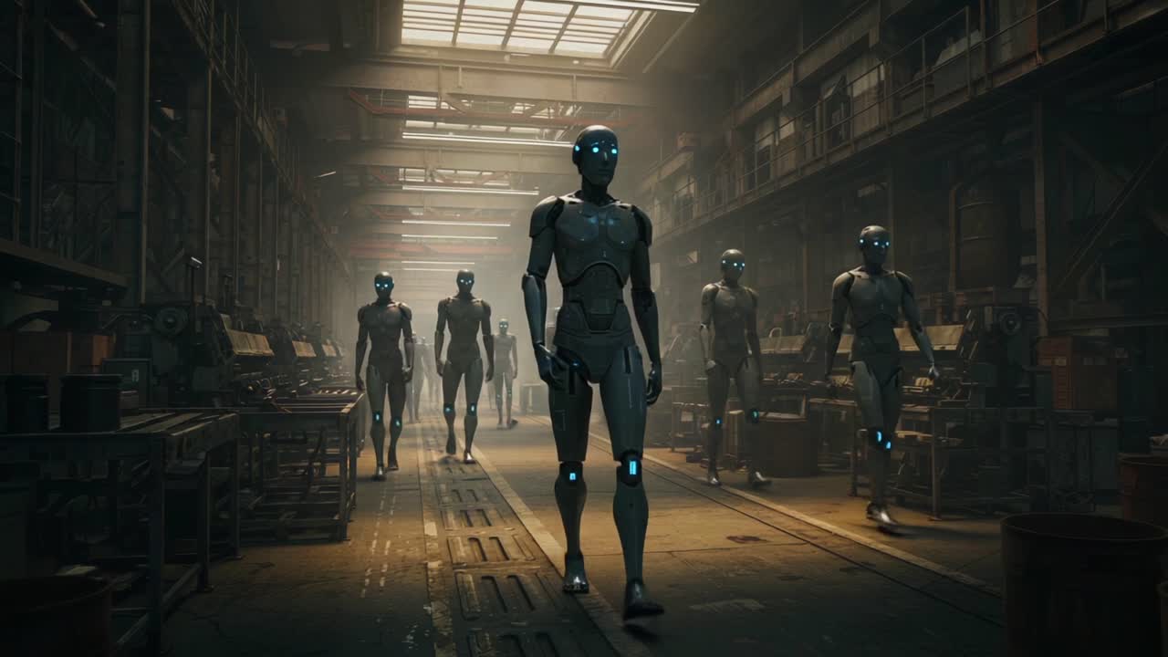 A group of advanced robots walking in a dimly lit industrial facility, showcasing the blend of technology and design in a futuristic environment