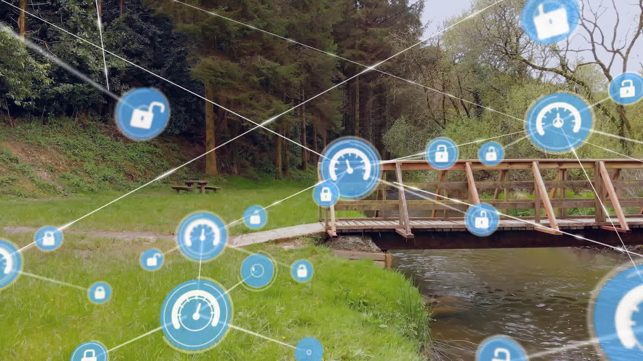 Wooden footbridge crossing stream, displaying blue padlock, gauge icons connected by white lines