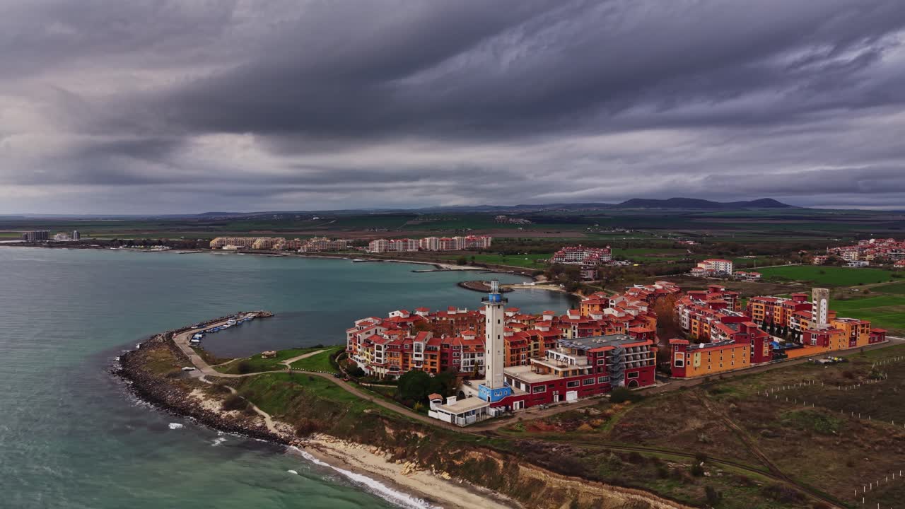 Stunning aerial view of a coastal town in Bulgaria during cloudy weather