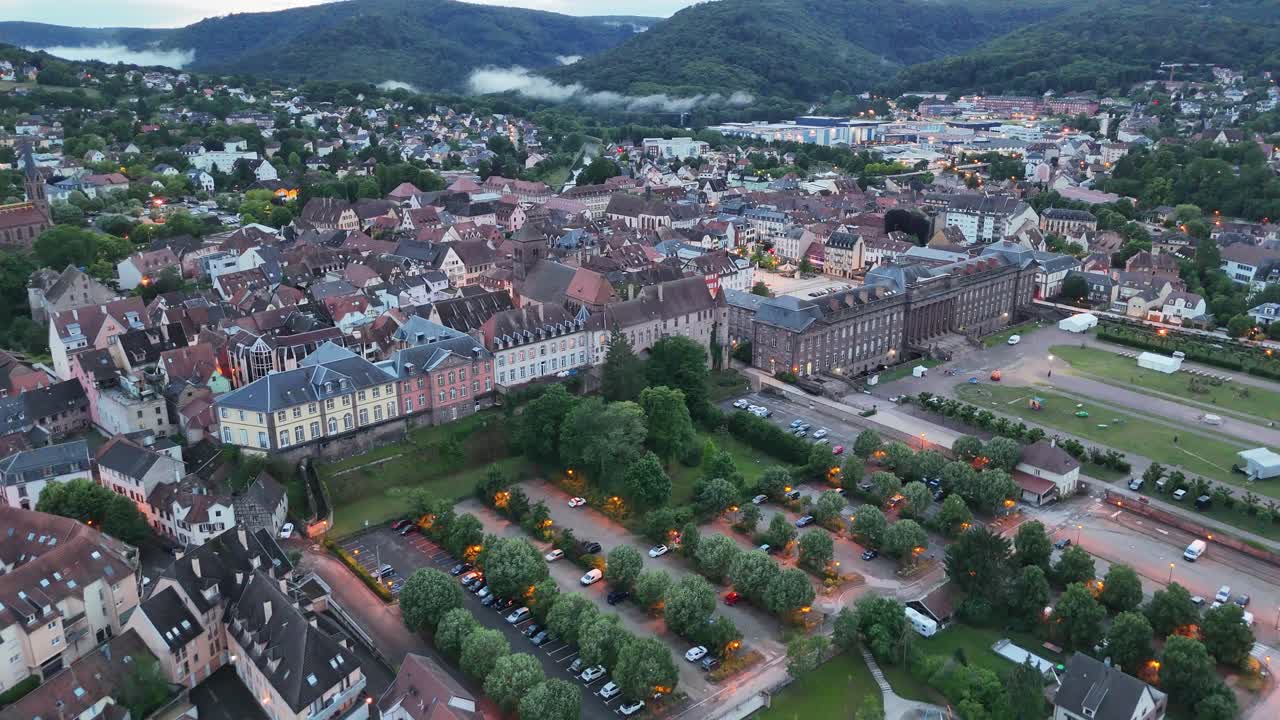 Saverne town France drone,aerial Evening view 4K footage high angle