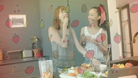 eating fruits and laughing, women in kitchen with fruit icons animation