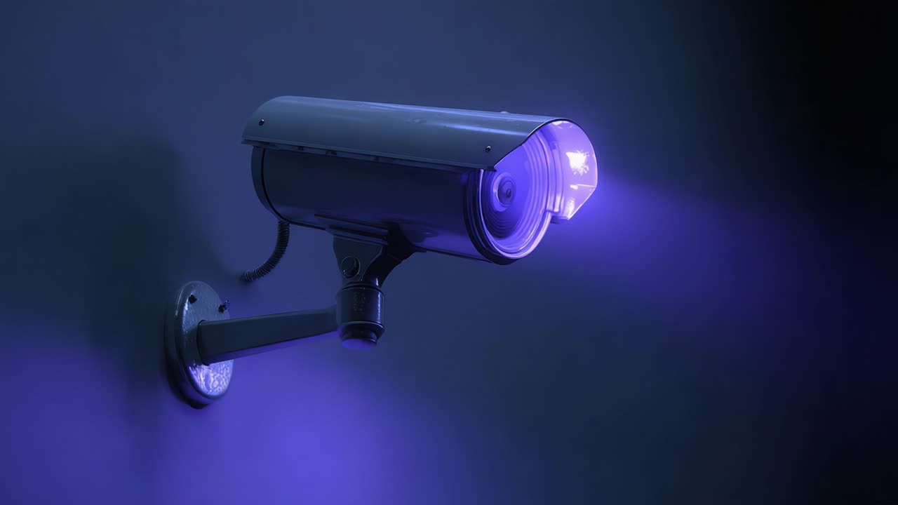 A High-Tech Surveillance Camera Mounted on the Wall, Illuminated with a Striking Blue Light, Exemplifying Modern Security Technology and Aesthetic Design