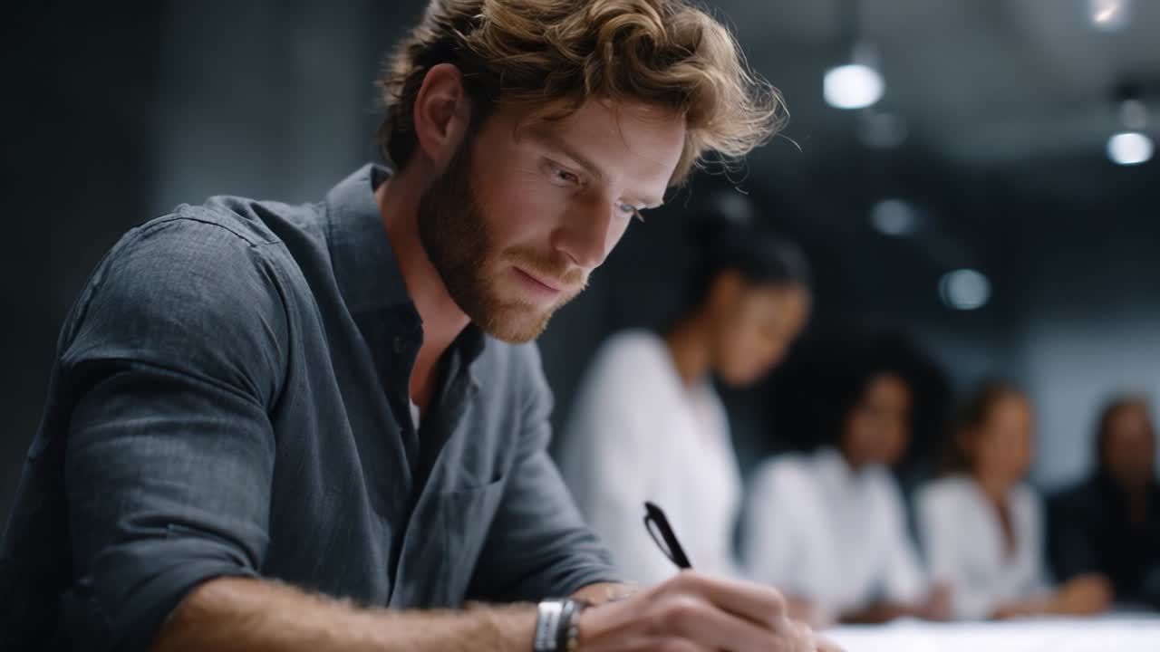 Focused Professional Writing at a Conference Table: A Man Deep in Thought, Captivated by His Task Amidst a Collaborative Team Environment, Highlighting Concentration in a Modern Workspace Setting