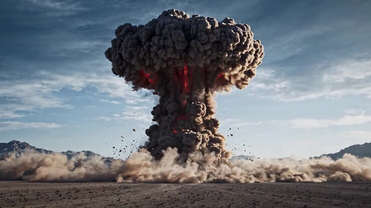A Stunning Display of Power: Observing a Massive Explosion in a Desert Landscape Captured Over Two Distinct Frames, Showcasing the Eruptive Force and Dramatic Transformation.