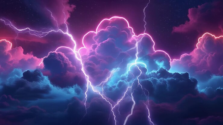 Fulmine al Neon che Attraversa Nuvole Temporalesche Viola e Blu Vibranti