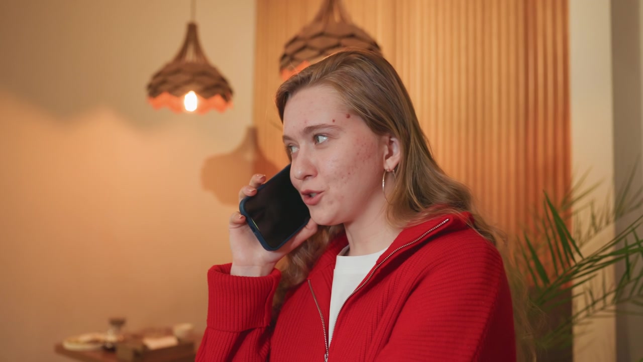 Giovane donna che parla al telefono al chiuso