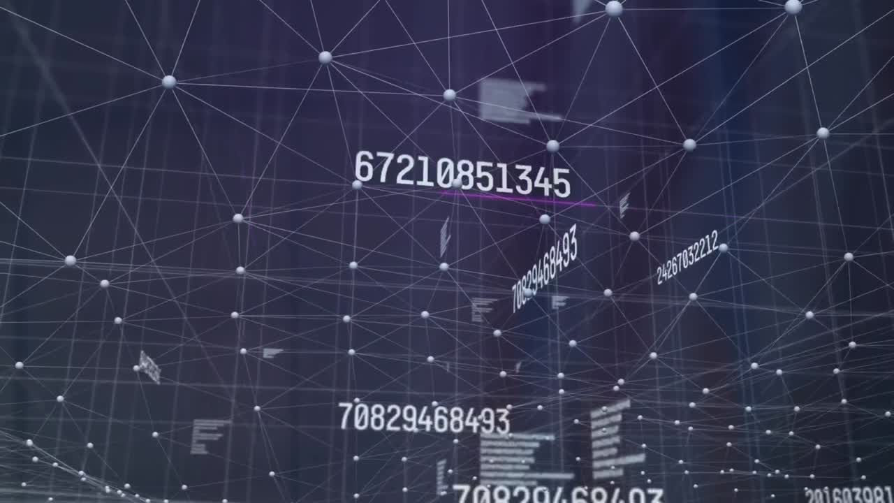 Animation of changing numbers, data processing and network of connections against tall buildings