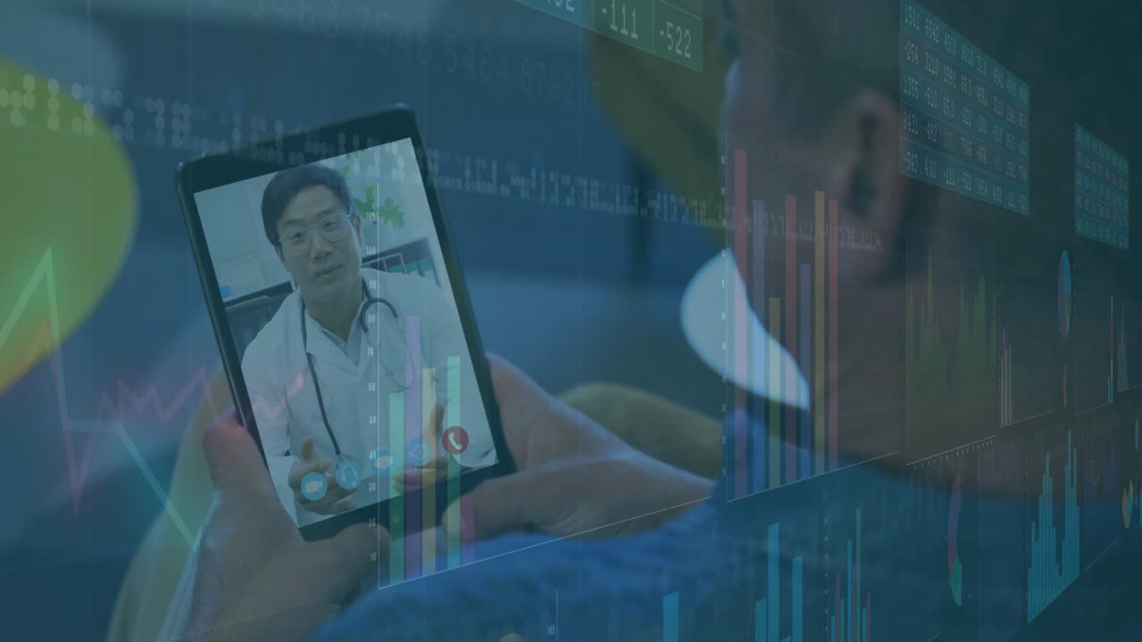 Paziente che tocca lo schermo del tablet avviando una chiamata di telemedicina con il medico che guida attraverso sovrapposizioni di grafici.