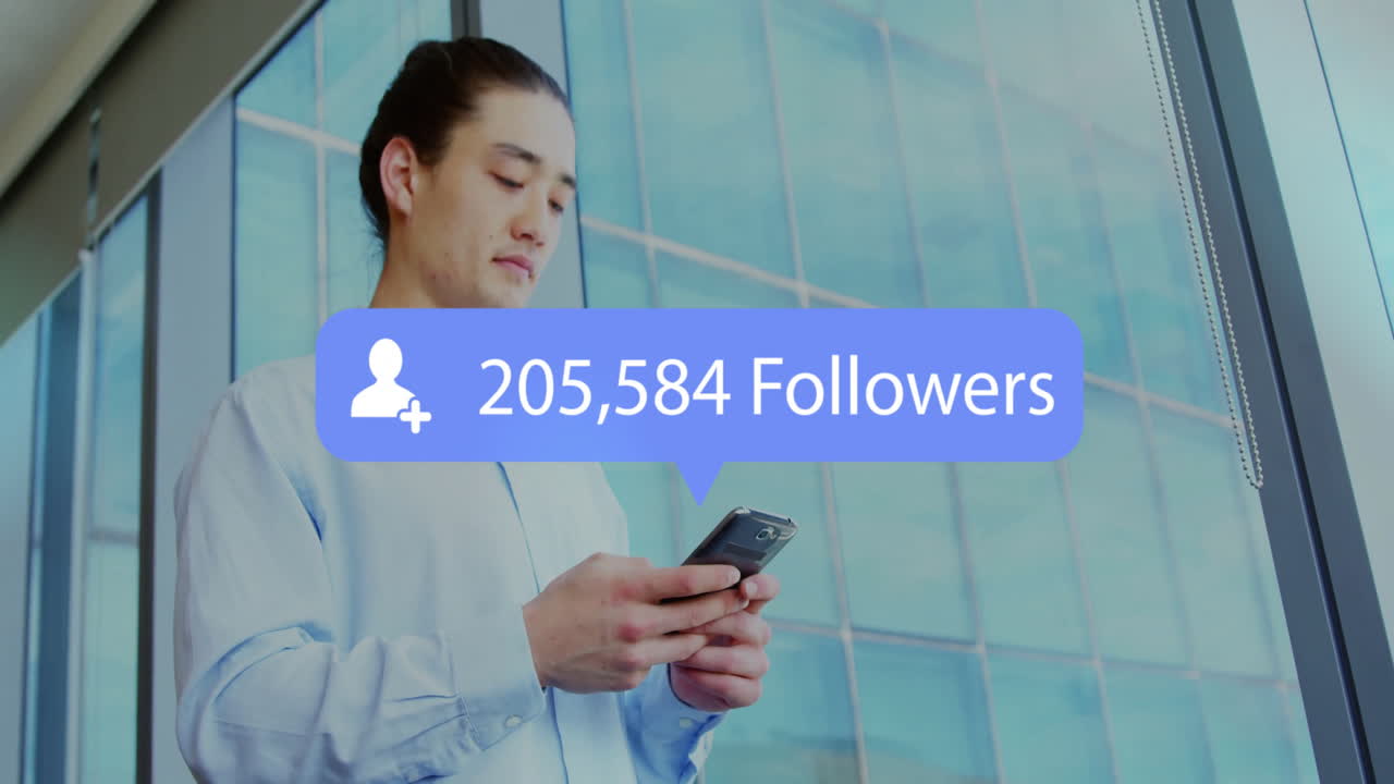 Animation of social media people icons and followers text over biracial woman using smartphone