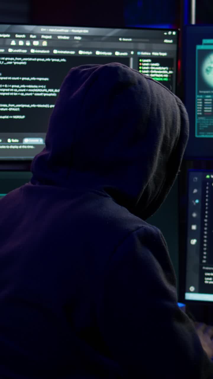 Hacker di video verticali felice dopo aver eseguito con successo un sabotaggio informatico utilizzando un ransomware