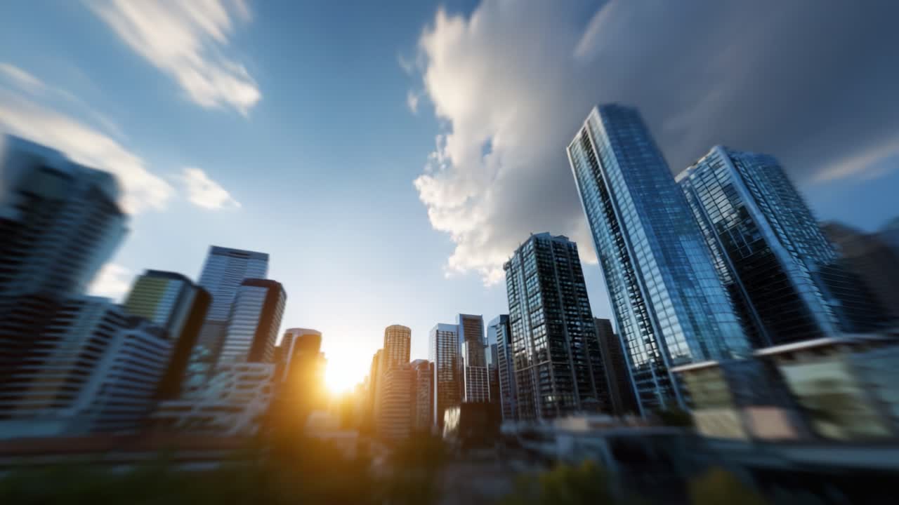 Nascer do sol deslumbrante sobre arranha-céus urbanos: uma bela paisagem urbana com reflexos e nuvens dramáticas banhadas pela luz da manhã em meio à arquitetura moderna