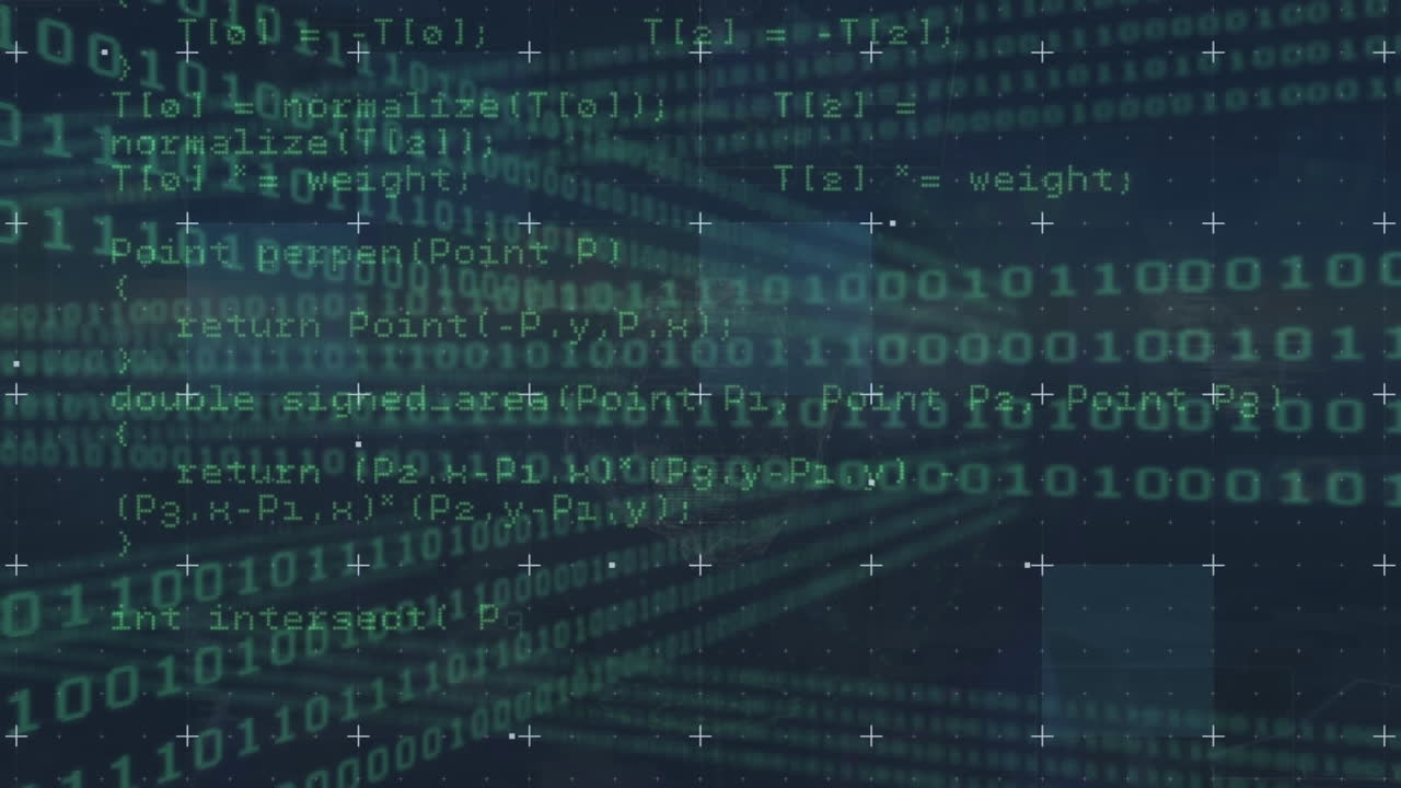 animación del lenguaje informático sobre cuadrados contra códigos binarios en bucle en fondo negro