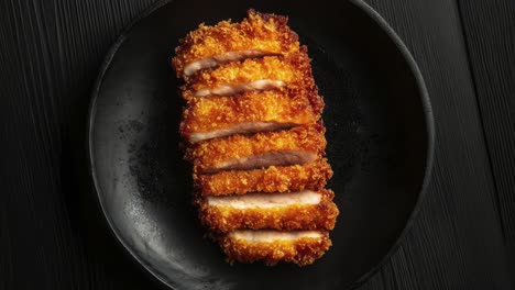 crispy tonkatsu pork cutlet on dark plate surface