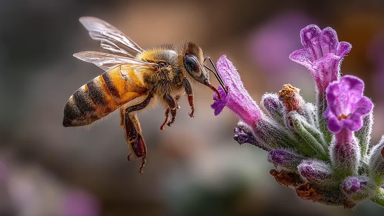A Honeybee Pollinates a Vibrant Flower, Capturing the Beauty of Nature's Dance in a Close-Up, Focusing on the Interaction Between Insect and Blossom