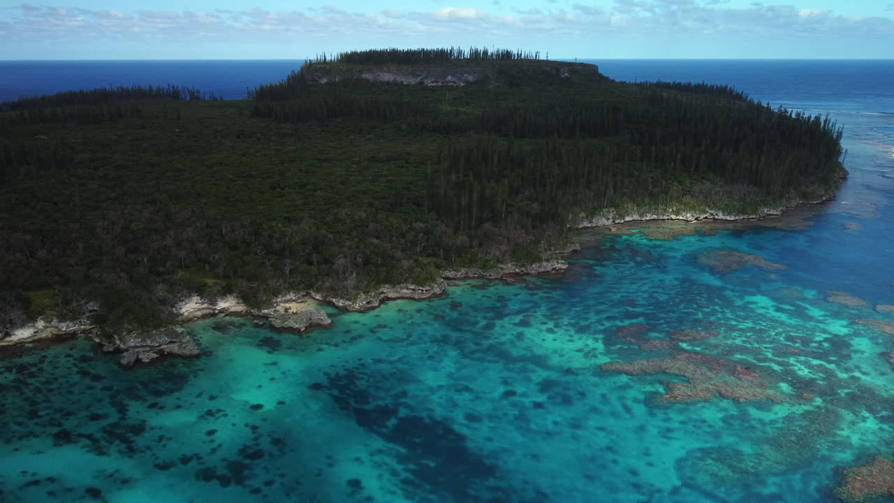 마레 섬의 산호초와 원주형 소나무 숲 케이프 와바오 위의 넓은 공중