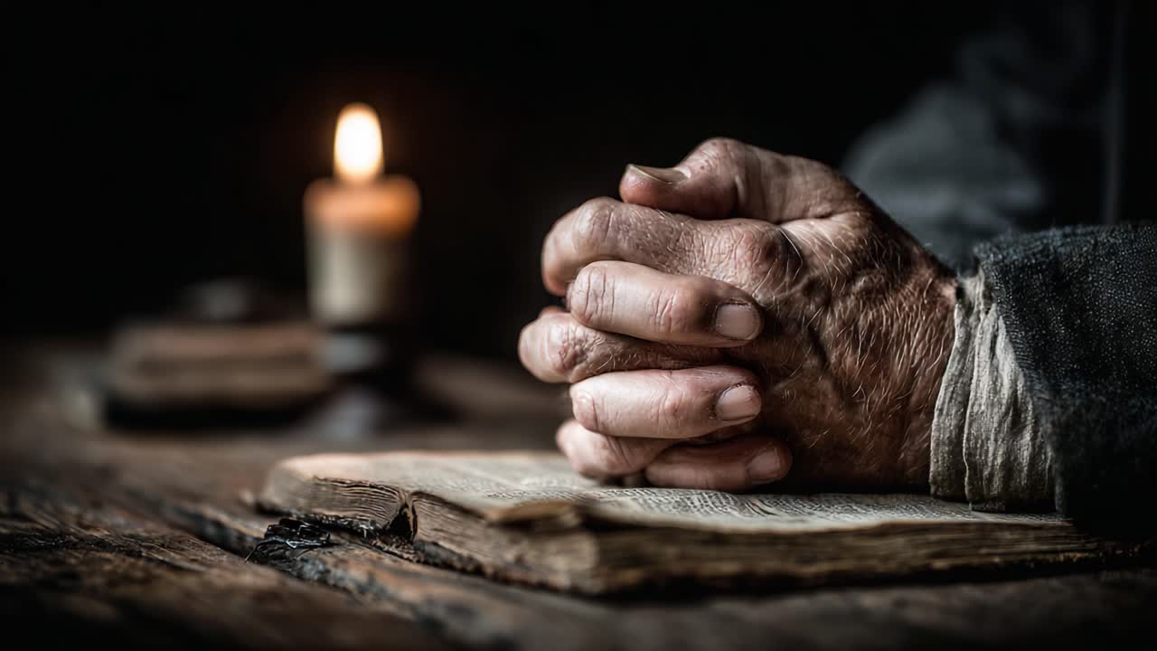 A Moment of Reflection: The Stillness of Folded Hands Over an Open Book with a Warm Candle Glow Illuminating the Scene