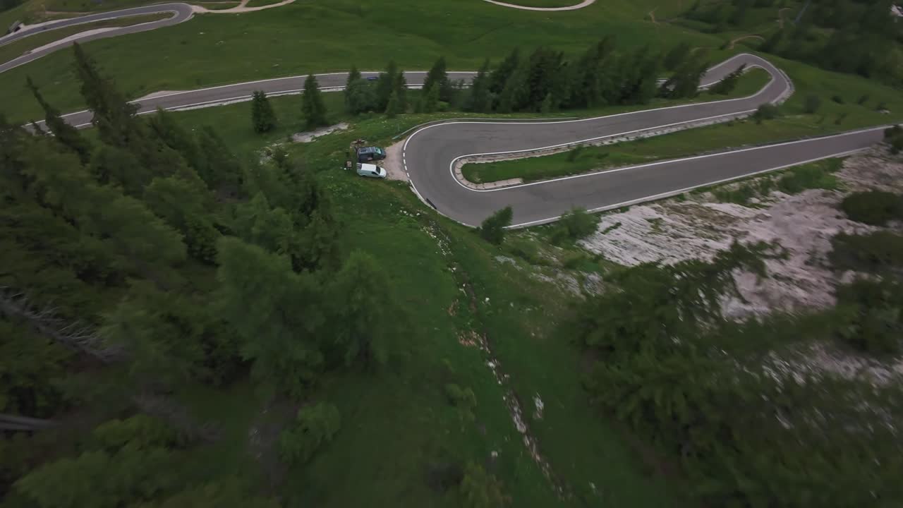 Aerial view of mountain landscape in the Dolomites, Italy on a sunny day