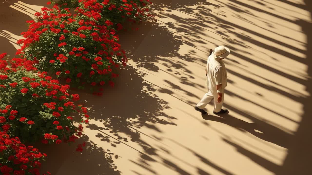 A Serene Stroll Through Vibrant Flowers: Capturing a Tranquil Moment with Shadows and Blooms in a Beautiful Outdoor Setting