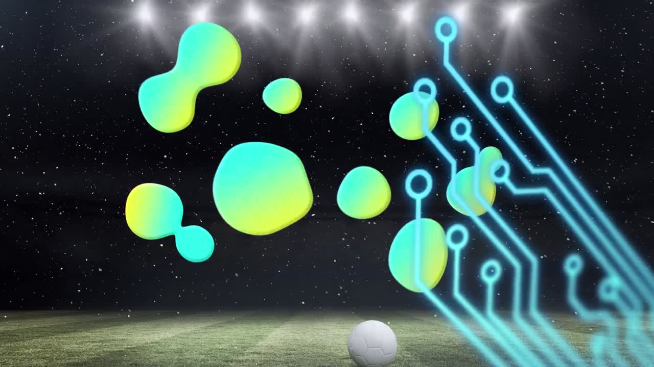 경기장 위에 있는 초록색 모양과 컴퓨터 회로판의 애니메이션