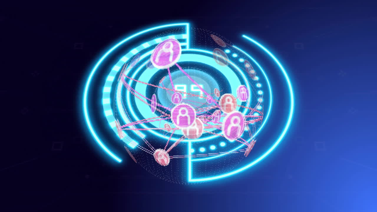 Network connections and data processing animation over blue circular interface