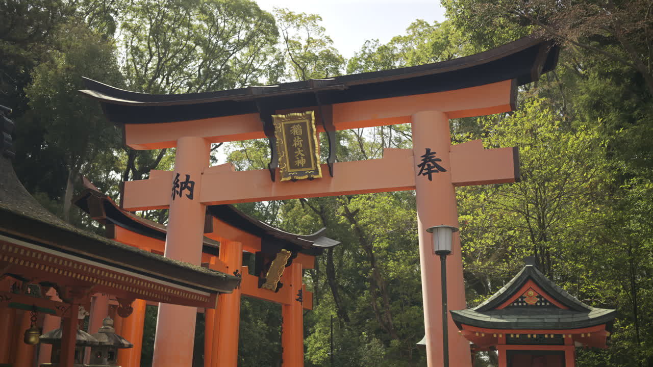 A vibrant red torii gate stands majestically among the trees, symbolizing the entrance to a sacred area. Text translation: ''Okami Shrine". Fushimi Inari, Kyoto, Japan
