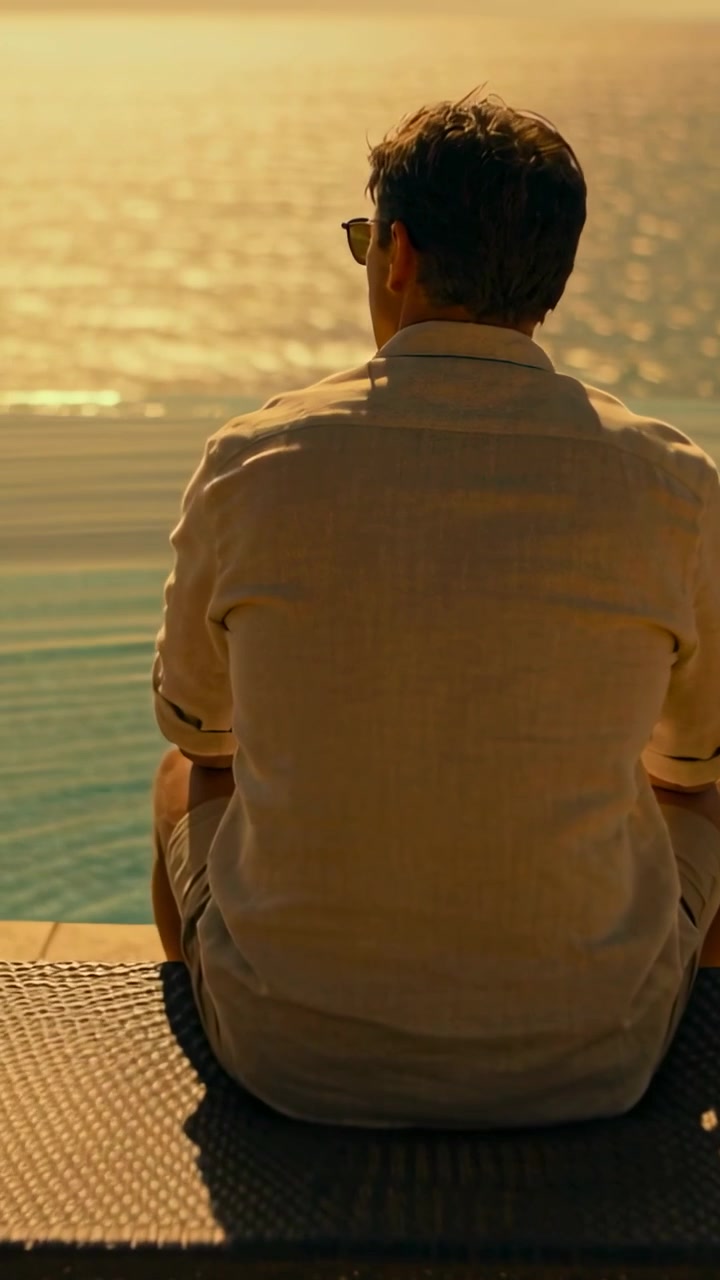 Uomo seduto su una panca intrecciata a bordo piscina a sfioro, la luce del sole che luccica, attirando l'attenzione per le pubblicità di viaggi