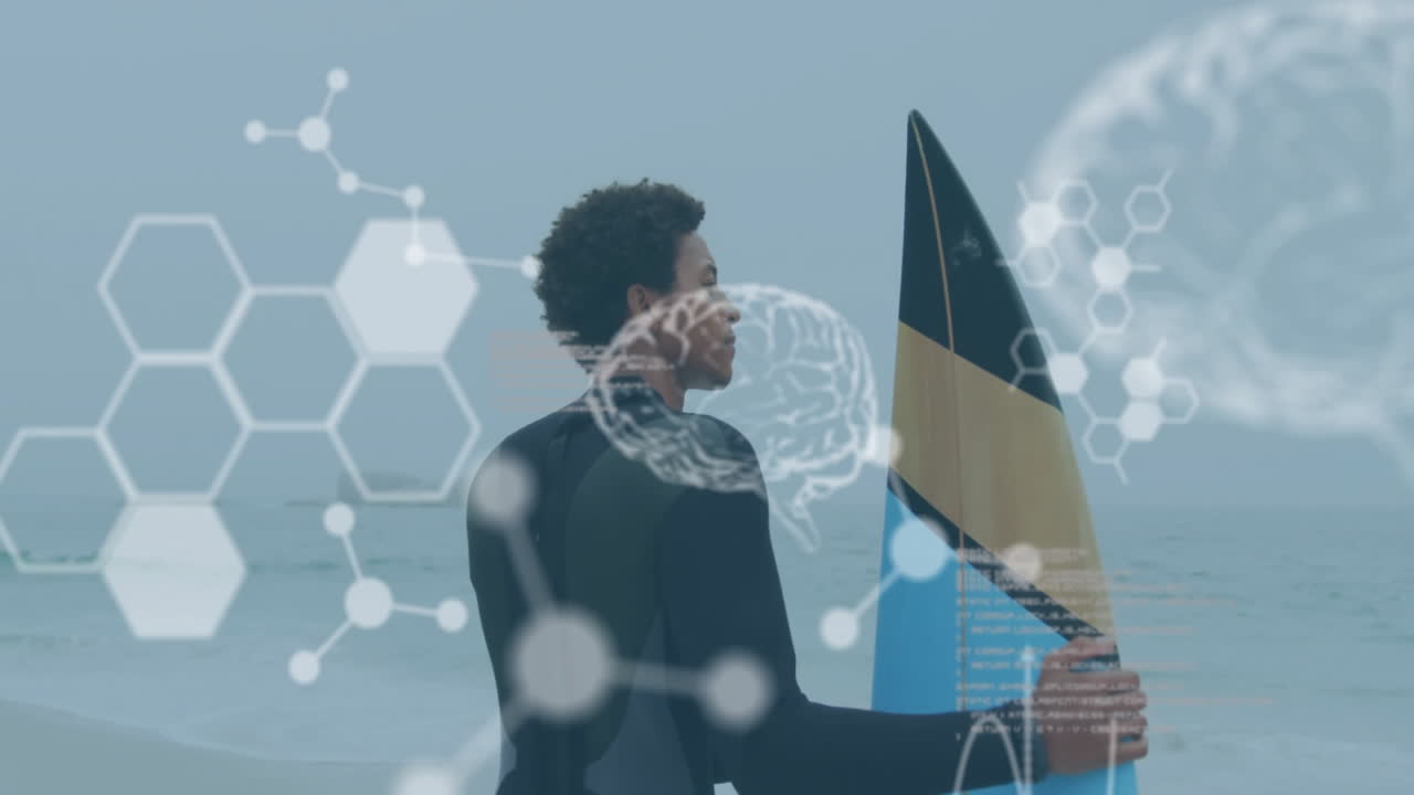 서핑 보드를 들고, 과학적 데이터 처리 애니메이션과 함께 해변에 있는 사람