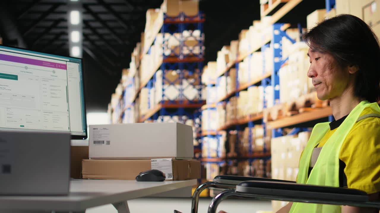 Vertical Video Employee with physical impairment managing warehouse logistics