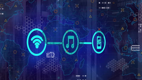 animación de iconos de medios sobre el mapa del mundo y la sala del servidor