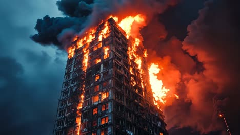 a tall building on fire with smoke billowing out of it