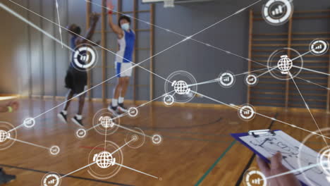 animation of network of connections with icons over basketball game