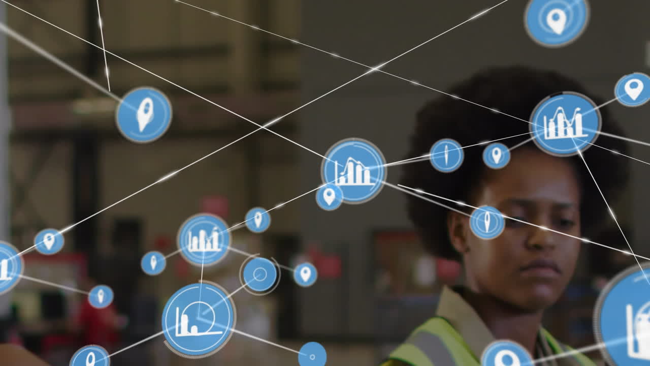 Animation of connected graph and gps icons over african american woman and man working in warehouse