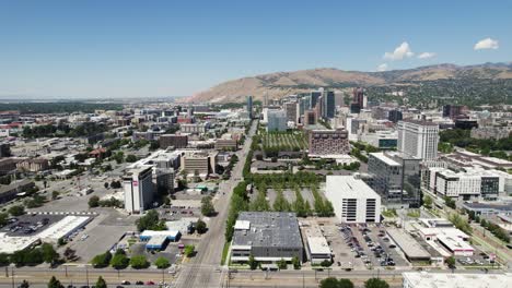 city landscape in downtown salt lake, utah - aerial drone flight