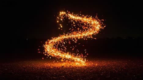 dynamic spiral of glowing embers and leaves dancing through the air, illuminating the darkness with a fiery display of nature's beauty in motion
