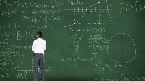 Back-view-of-man-thinking-in-front-of-moving-maths-calculations-on-chalkboard