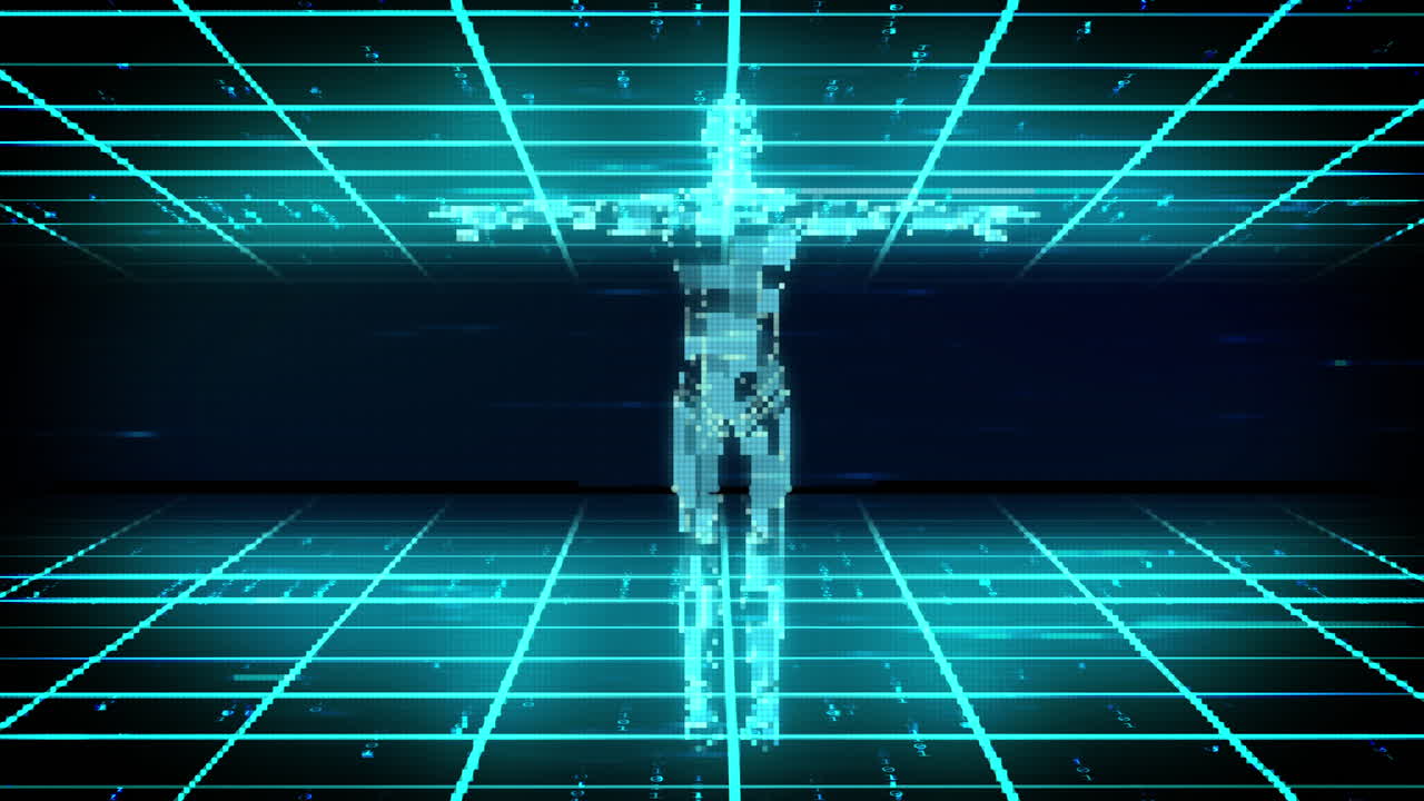 Animation of blue 3d cuboid body shape rotating over glowing grid and dark background