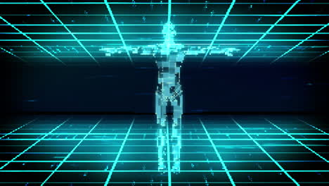 animation of blue 3d cuboid body shape rotating over glowing grid and dark background