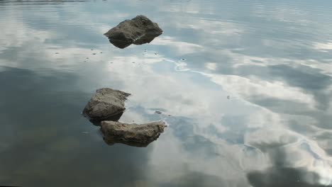 paisaje de río o lago con reflejos de cielo nublado en el agua. superficie ondulada de agua tranquila por la noche o por la mañana