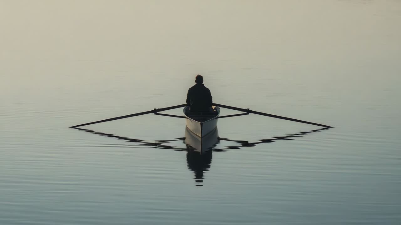 Roer i mørk jakke og kasket starter sine tag efter en pause, øver sig på en stille sø, med sculler og årer.