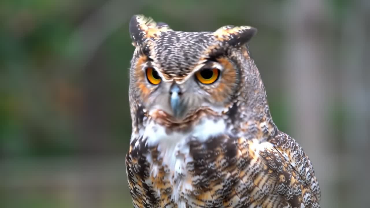 A close-up view of a majestic owl showcasing its piercing amber eyes and intricate feather patterns, captivating viewers with its fierce expression and natural beauty.