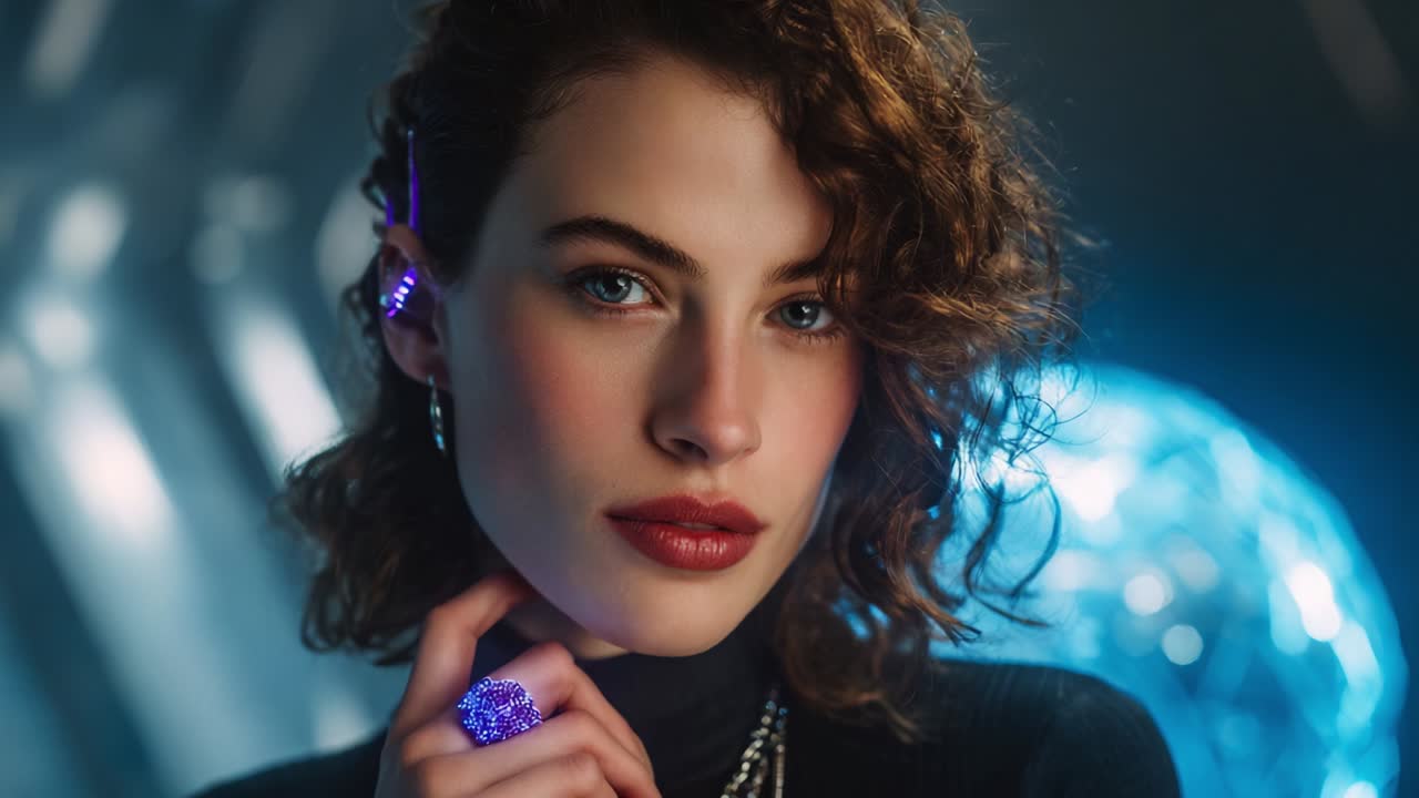An enchanting portrait of a confident woman with curly hair and striking features, adorned with unique accessories, exuding elegance and allure against a vibrant, futuristic backdrop