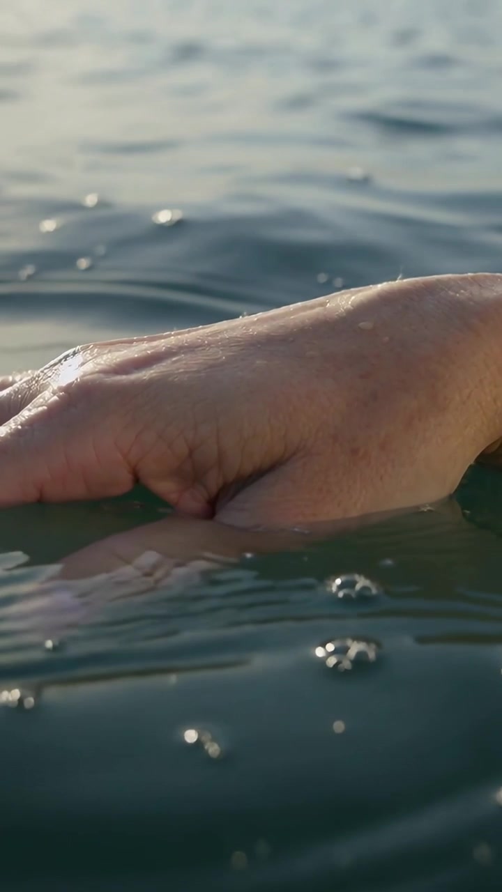 Vertical video: Fingertips touching, single hand skimming calm open water making ripples, bubbles