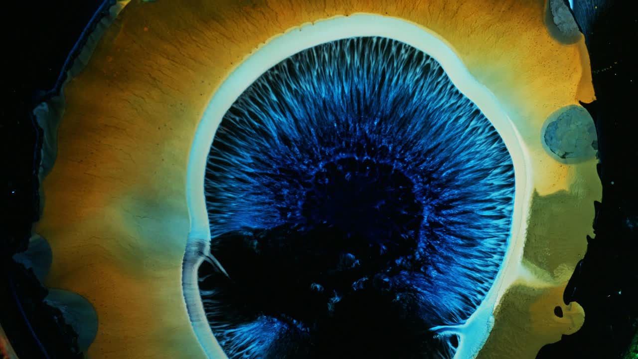 Bright Colorful reaction with liquid ink / paint drop stain on white paper background / oil bleed bloom / Big Bang explosion of supernova sun star membrane