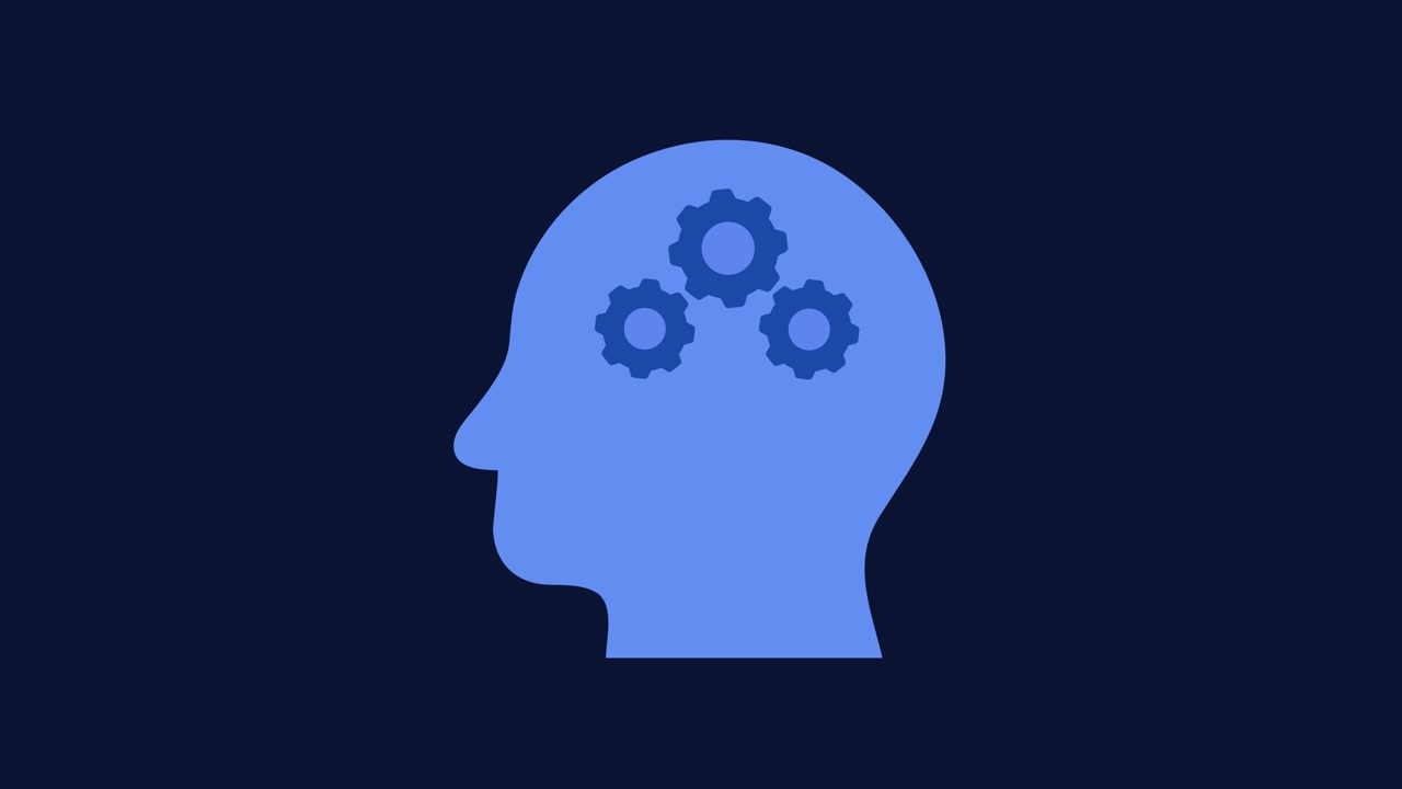 Head silhouette with spinning gears icon animation isolated on black background