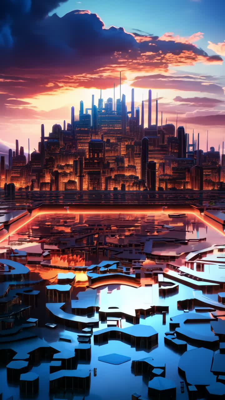 A cityscape with a glowing orange line in the middle. The city is lit up with neon lights and the sky is filled with clouds.