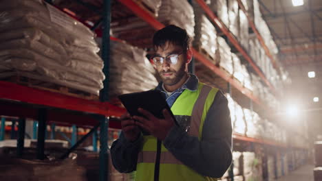 trabajador de almacén que utiliza una tableta para comprobar el inventario