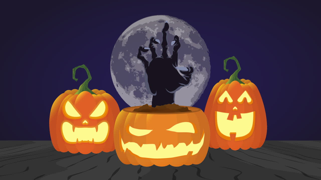 escena oscura de halloween con calabazas y mano de zombi